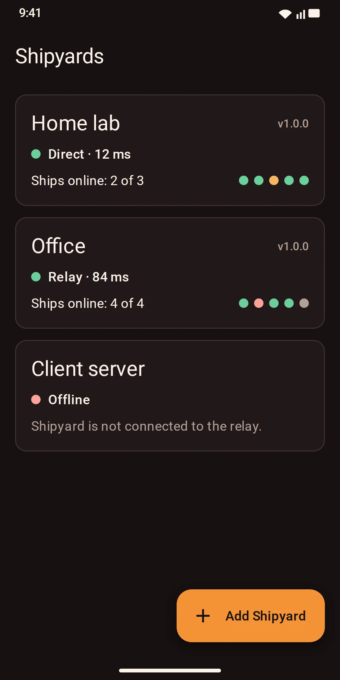 Bosun home screen with three paired Shipyards: Home lab connected directly, Office through the relay, Client server offline.
