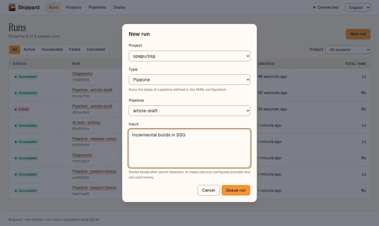 New run dialog